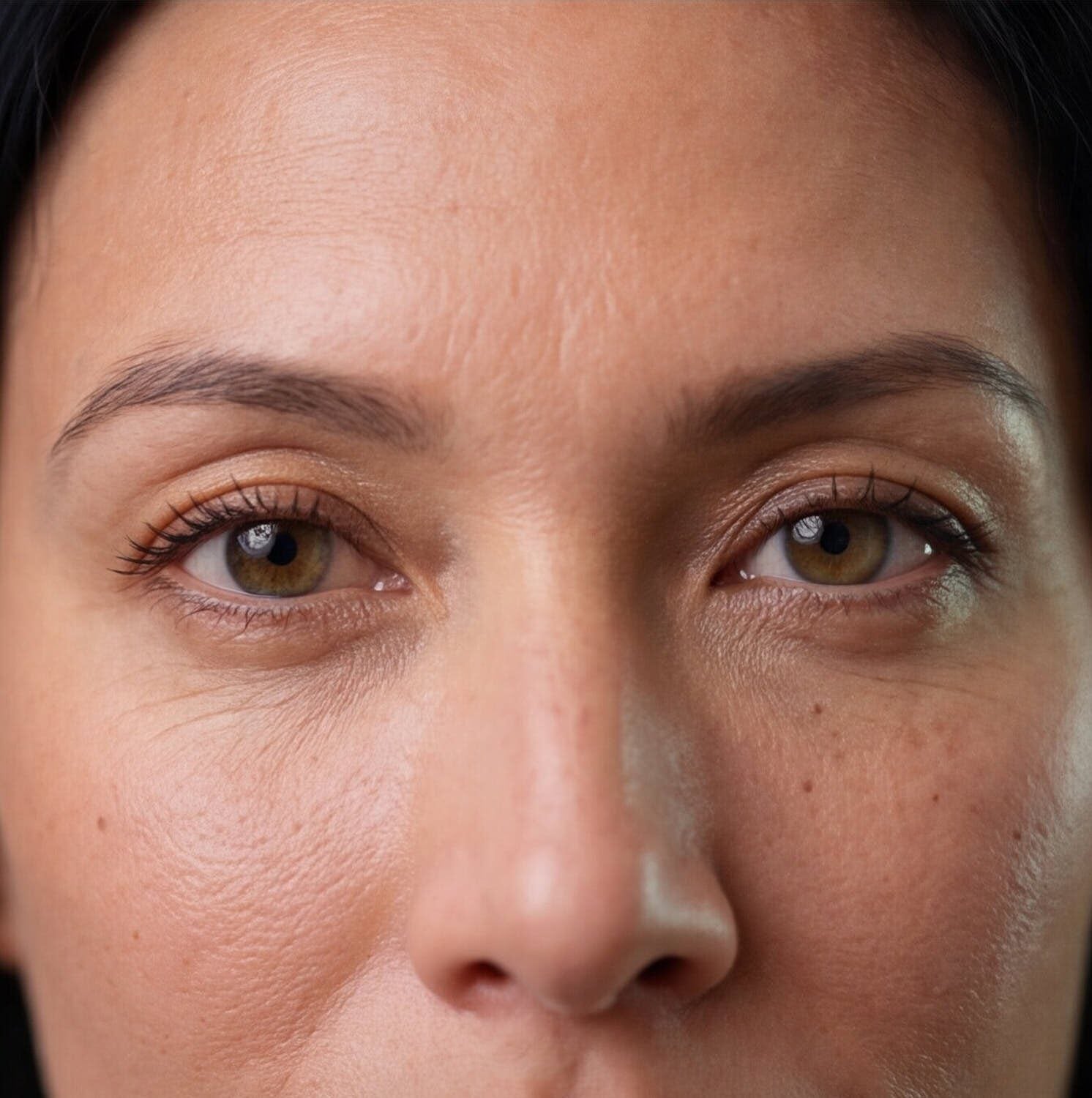 Nahaufnahme der Augen und der Stirn einer Frau mit braunen Augen, dunklen Haaren und glatter Haut.