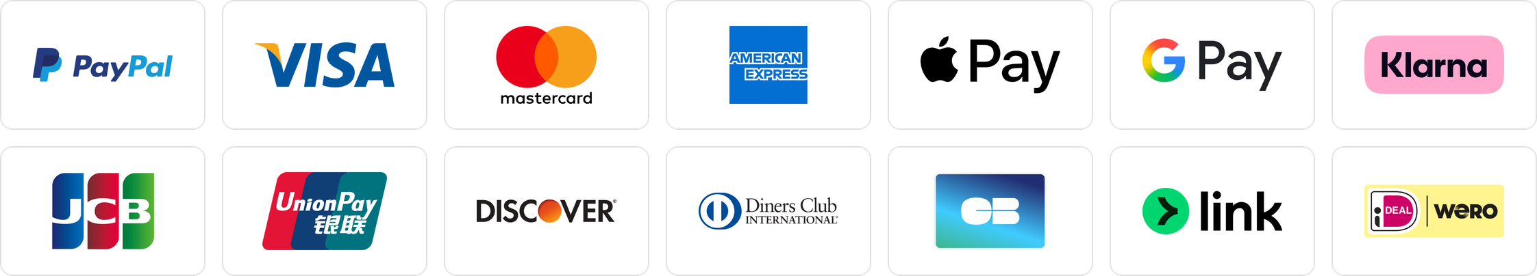 Akzeptierte Zahlungsarten: PayPal, Visa, Mastercard, American Express, Apple Pay, Google Pay, Klarna, JCB, UnionPay, Discover, Diners Club, Cartes Bancaires, Link, iDEAL | Wero